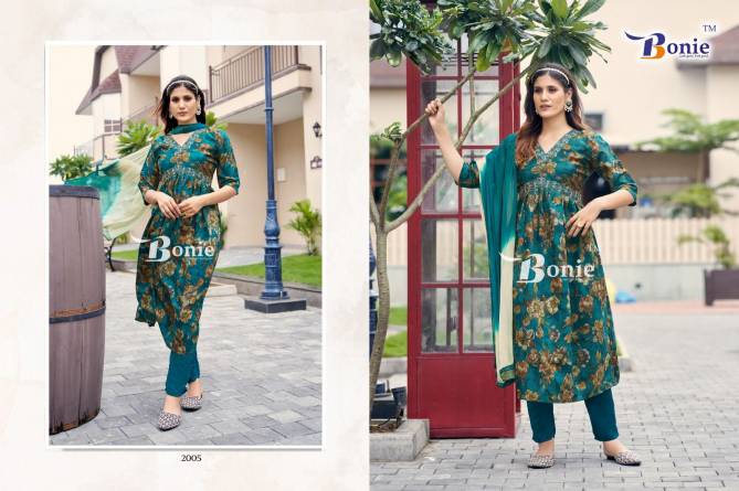 Bonie Shreya Vol 2 Printed Silk Aliya Cut Kurti With Bottom Dupatta Catalog
